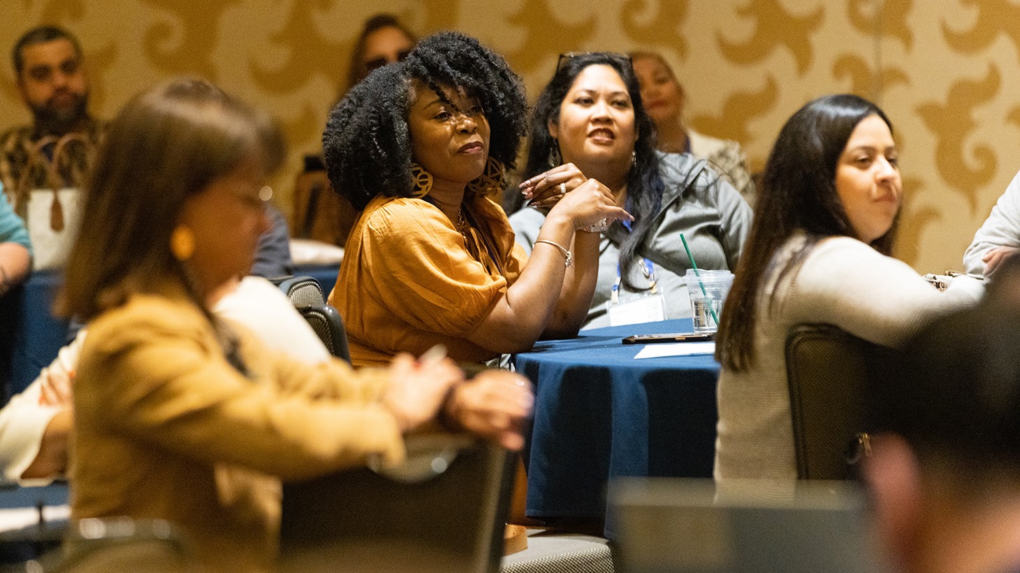 Smiling women of diverse ethinicties at a meeting