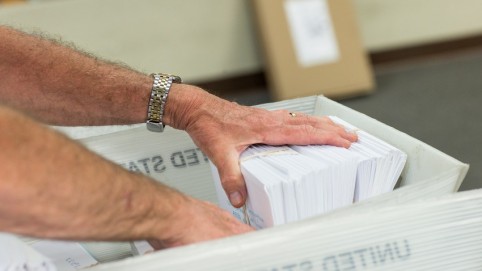 A man's hand in a tray of mail