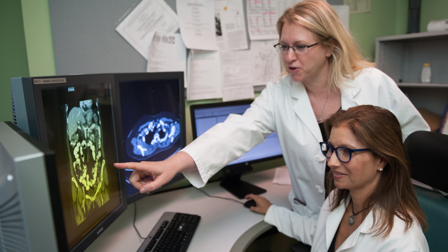 Two doctors looking at an xray on a computer screen 